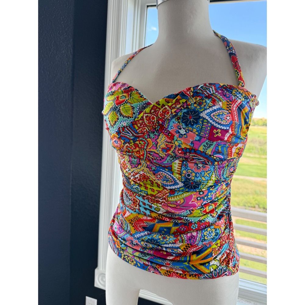 Bleu Rod Beattie Multi Color Paisley Ruched Halter Tankini Top Size 10 Beach